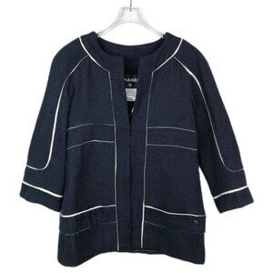 Chanel Navy & White Textured Open Jacket Size 34 Made In France
